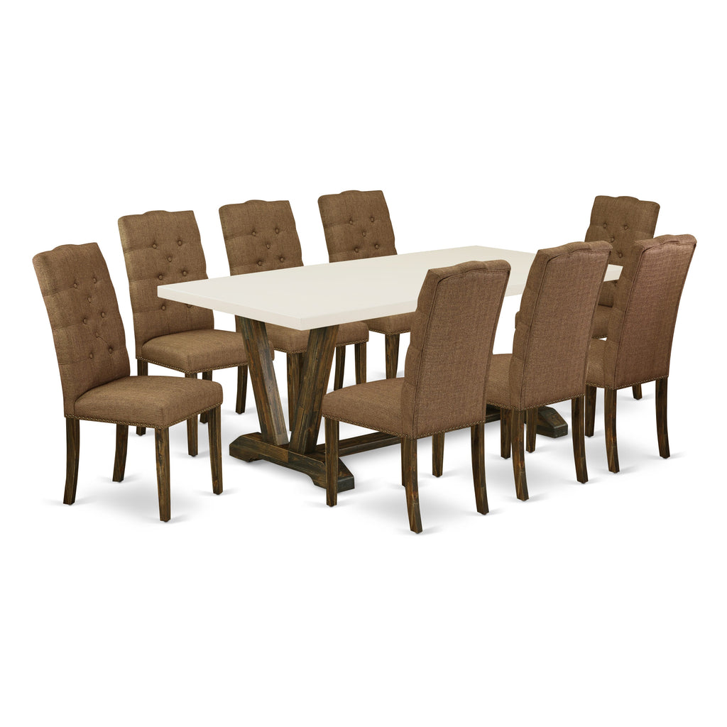 V727EY86K-S 9-Piece Dining Ensemble, Featuring V-Leg Table with 8 Elegant Brown Parson Chairs, 40x72 In.