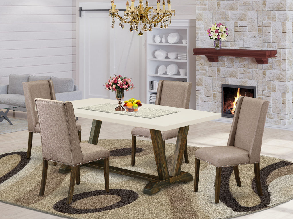 V727FURU4-2 5-Piece Dining Set with V-Leg Rectangle Table and 4 Dark Khaki Chairs, 40x72, Multi-Color