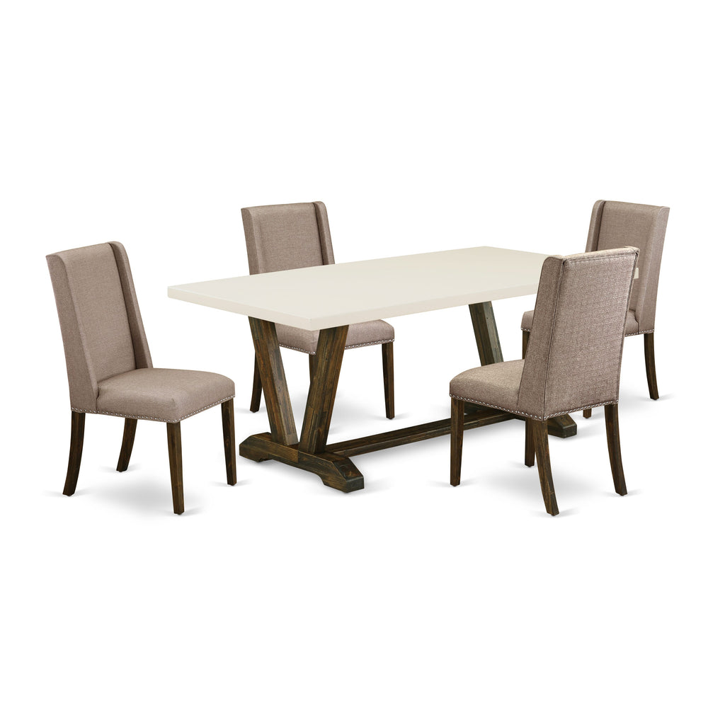 V727FURU4-2 5-Piece Dining Set with V-Leg Rectangle Table and 4 Dark Khaki Chairs, 40x72, Multi-Color
