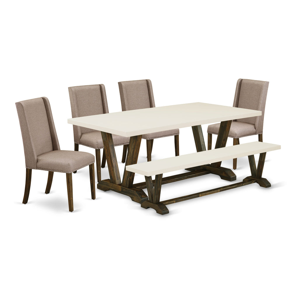 Set V727FJ2ZV-7 7-Piece Dining Ensemble with Rectangular Table V-Legs, Dark Khaki Chairs, 40x72 Inch