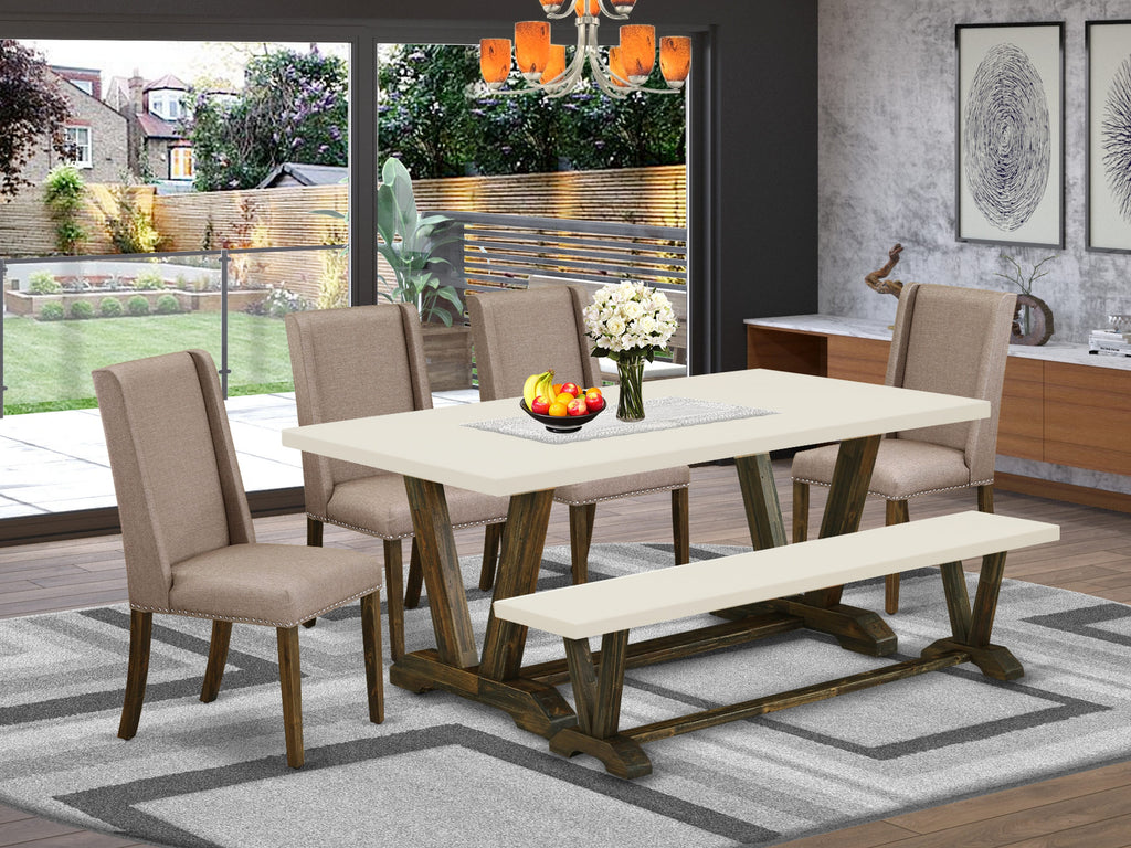 Set V727FJ2ZV-7 7-Piece Dining Ensemble with Rectangular Table V-Legs, Dark Khaki Chairs, 40x72 Inch