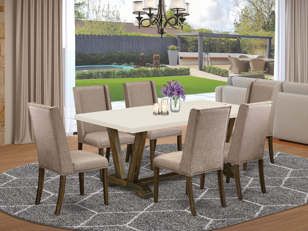V727F7TVV-2 7-Piece Vuned Dining Ensemble Elegant Rectangular Table with V-Legs & Six Khaki Fabric Parson Chairs in Vibrant Multicolor