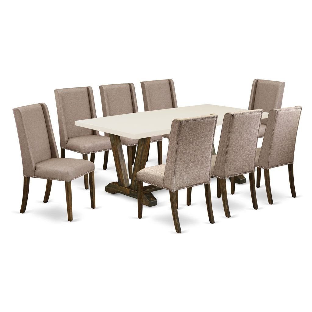 V727FRG8C-6 9 Piece Set with V-Leg Rectangular Table and 8 Dark Khaki Chairs, 40x72 Inch