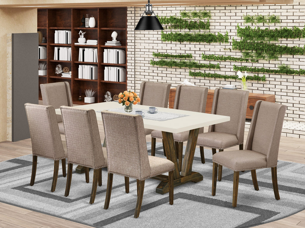 V727FRG8C-6 9 Piece Set with V-Leg Rectangular Table and 8 Dark Khaki Chairs, 40x72 Inch