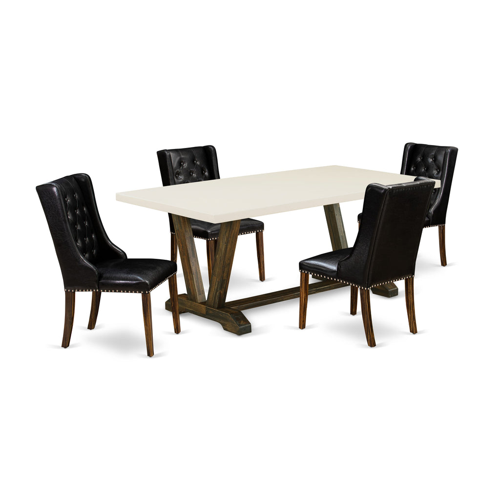 V727F845J-Z 5 Piece Dining Ensemble with Rectangle V-Leg Table and 4 Parson Chairs in Black Leather