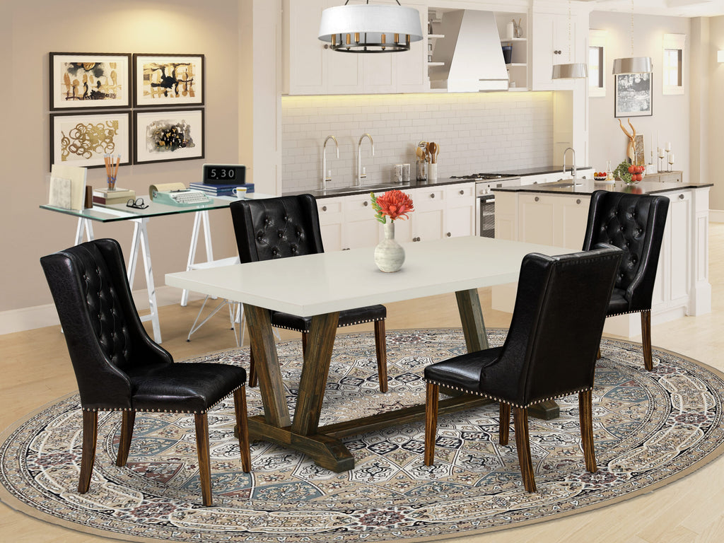 V727F845J-Z 5 Piece Dining Ensemble with Rectangle V-Leg Table and 4 Parson Chairs in Black Leather