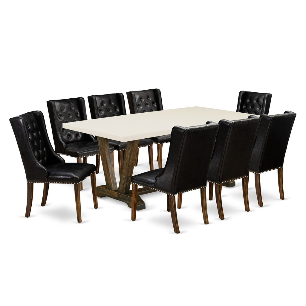 V727FTE2L-J Contemporary 9-Piece Dining Ensemble with V-Leg Table and 8 Faux Leather Chairs