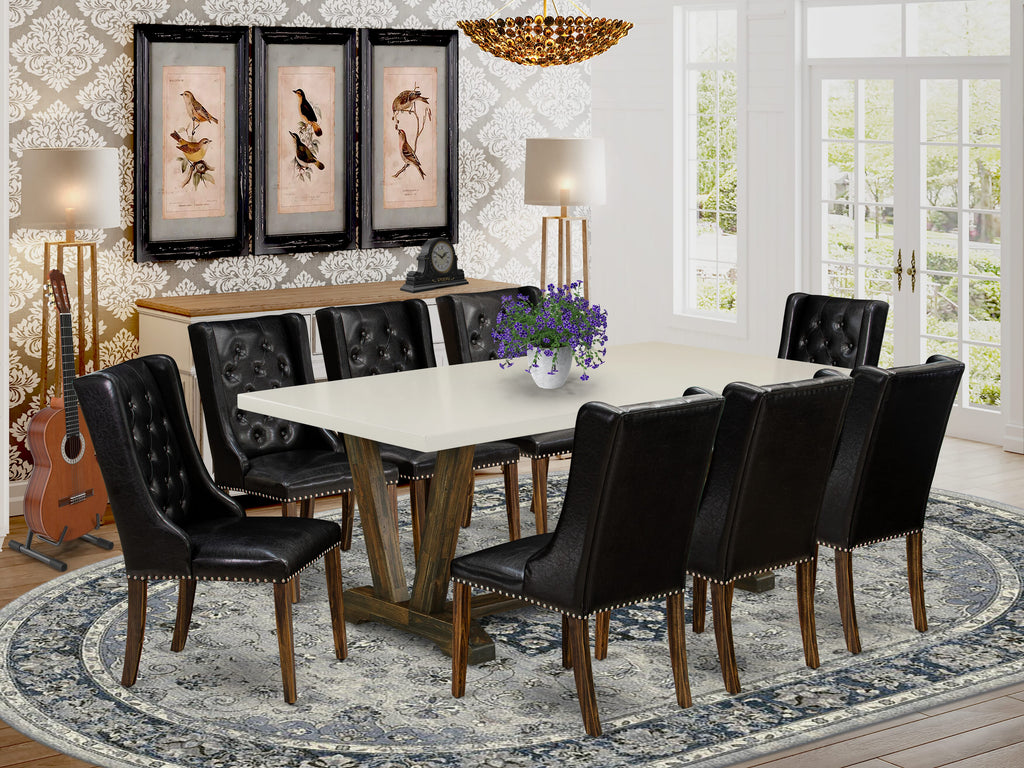 V727FTE2L-J Contemporary 9-Piece Dining Ensemble with V-Leg Table and 8 Faux Leather Chairs