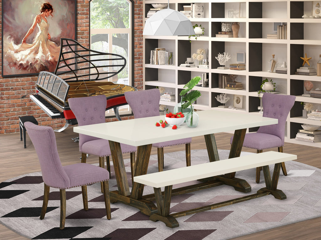 V727GWMID-4 6-Piece V-Legs Rectangular Dining Set with Dahlia Linen Chairs and Bench, 40x72 Multi