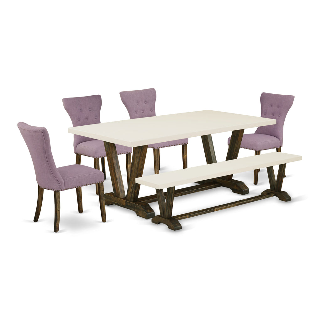 V727GWMID-4 6-Piece V-Legs Rectangular Dining Set with Dahlia Linen Chairs and Bench, 40x72 Multi