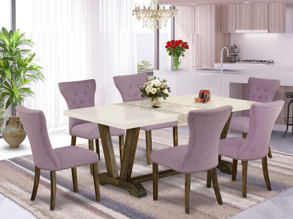 V727GM5WT-C 7-Piece Dining Set with Rectangular V-Legged Table and 6 Soft Dahlia Chairs in Mixed Hues