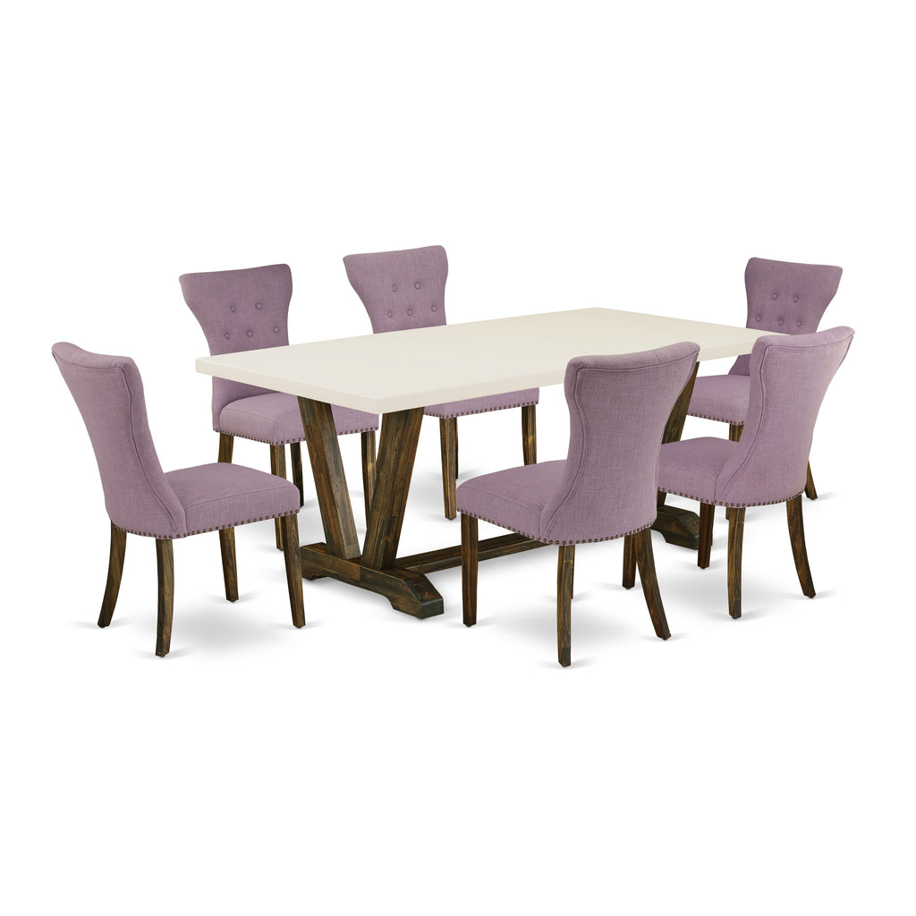 V727GM5WT-C 7-Piece Dining Set with Rectangular V-Legged Table and 6 Soft Dahlia Chairs in Mixed Hues