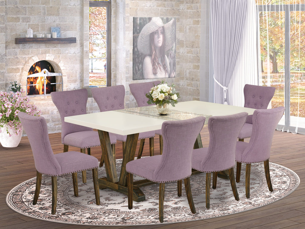 V727G00YG-4 9-Piece Dining Room Collection with V-Legged Table and Dahlia Upholstered Chairs, Multi, 40x72