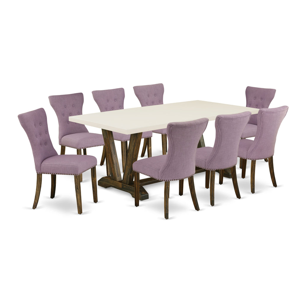 V727G00YG-4 9-Piece Dining Room Collection with V-Legged Table and Dahlia Upholstered Chairs, Multi, 40x72
