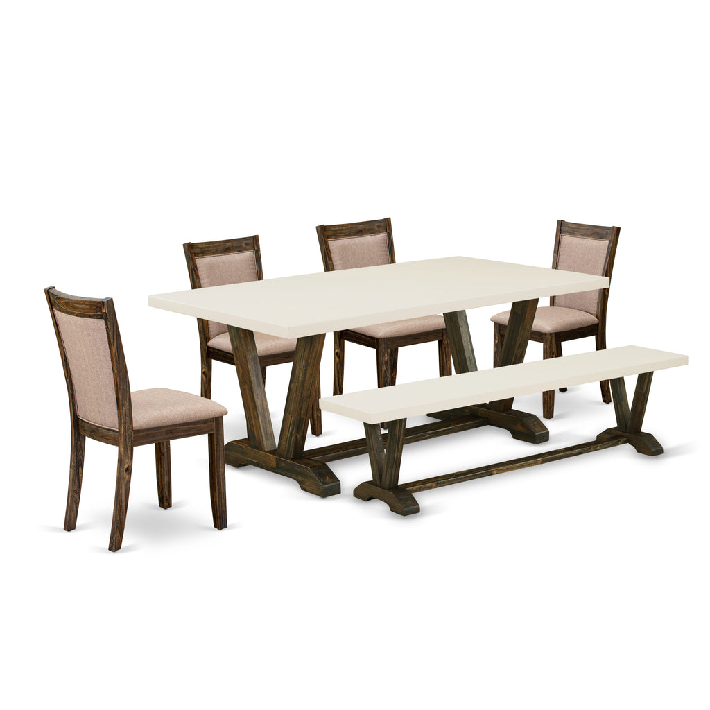 V727MCDN8-6 6-Piece Dining Ensemble Rectangular V-Leg Table, 4 Khaki Linen Chairs & Bench
