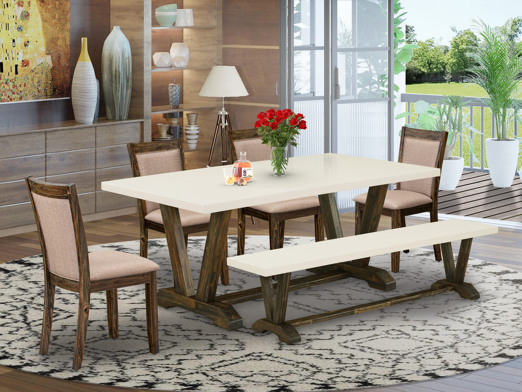 V727MCDN8-6 6-Piece Dining Ensemble Rectangular V-Leg Table, 4 Khaki Linen Chairs & Bench
