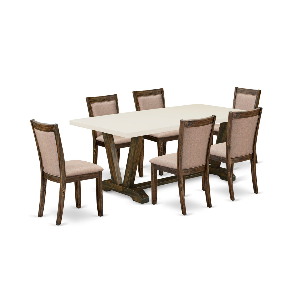V727M0BRM-S 7-Piece Dining Set with V-Leg Rectangle Table & 6 Khaki Upholstered Parson Seating 40x72