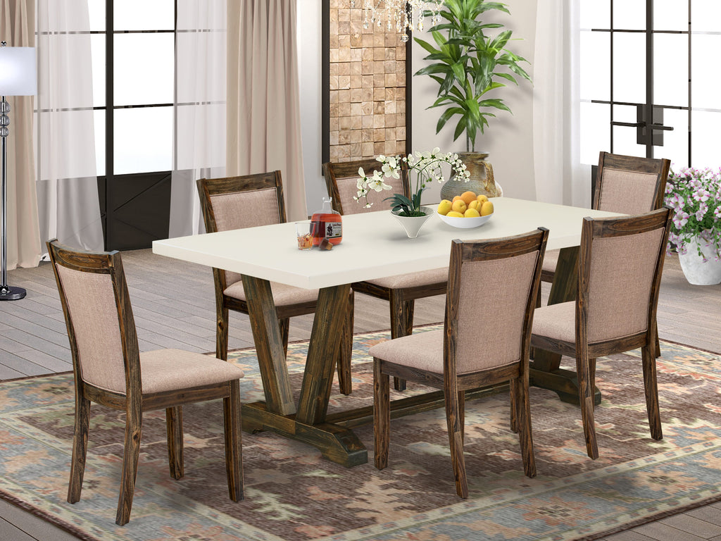 V727M0BRM-S 7-Piece Dining Set with V-Leg Rectangle Table & 6 Khaki Upholstered Parson Seating 40x72