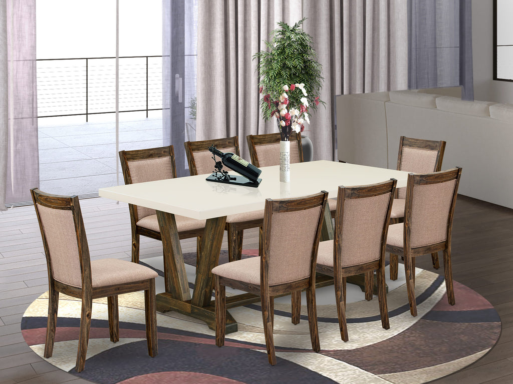 V727MYD2W-1 Elegant 9-Piece Dining Set with V-Leg Table & 8 Khaki Upholstered Parson Seats, 72 Long