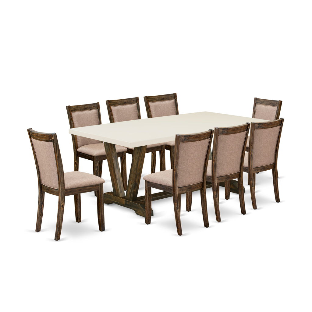 V727MYD2W-1 Elegant 9-Piece Dining Set with V-Leg Table & 8 Khaki Upholstered Parson Seats, 72 Long