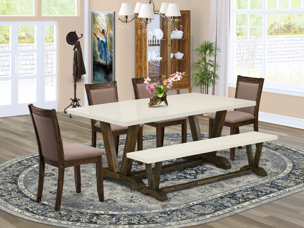 V727MTBWW-Z 6 Pc Dining Set with Rectangle Table, Stylish V-Legs, 4 Coffee Linen Parson Chairs + Bench, 40x72