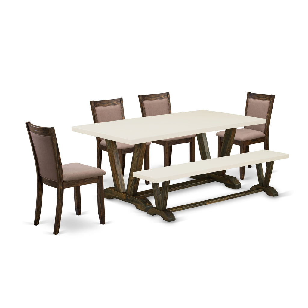 V727MTBWW-Z 6 Pc Dining Set with Rectangle Table, Stylish V-Legs, 4 Coffee Linen Parson Chairs + Bench, 40x72