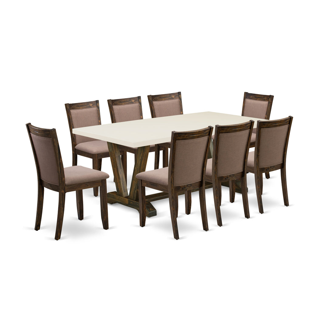 9-Piece Rectangle Dining Set with V-Legs and Coffee Parsons Chairs, Multi-Color  V727MH23S-B