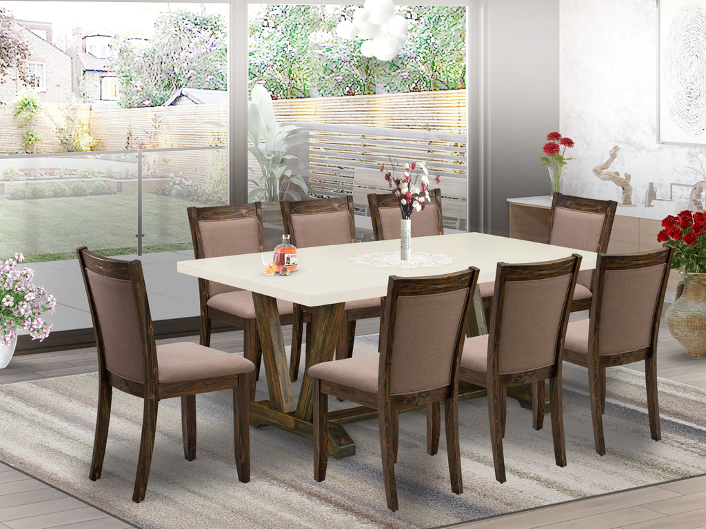 9-Piece Rectangle Dining Set with V-Legs and Coffee Parsons Chairs, Multi-Color  V727MH23S-B