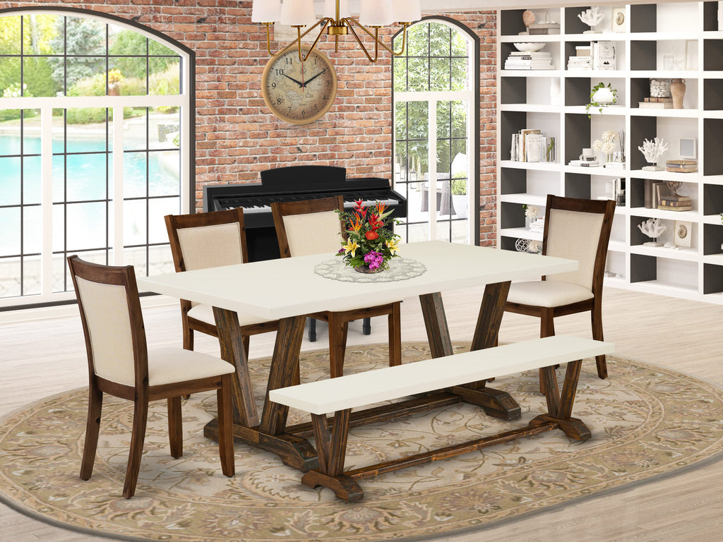 V727M3808-6 Set of 6 Dining Pieces with V-Legged Table & Light Beige Upholstered Chairs & Bench, Multi-Color Elegance