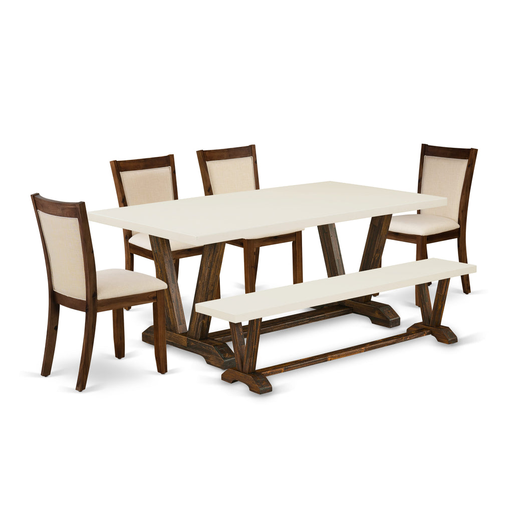 V727M3808-6 Set of 6 Dining Pieces with V-Legged Table & Light Beige Upholstered Chairs & Bench, Multi-Color Elegance