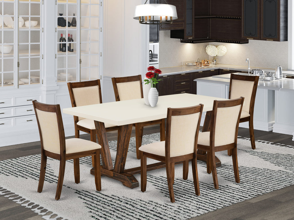 V727MJZ32-I Luxurious 7-Piece Set Rectangle Dining Table and 6 Beige Linen Chairs, V-Leg Design, 40x72