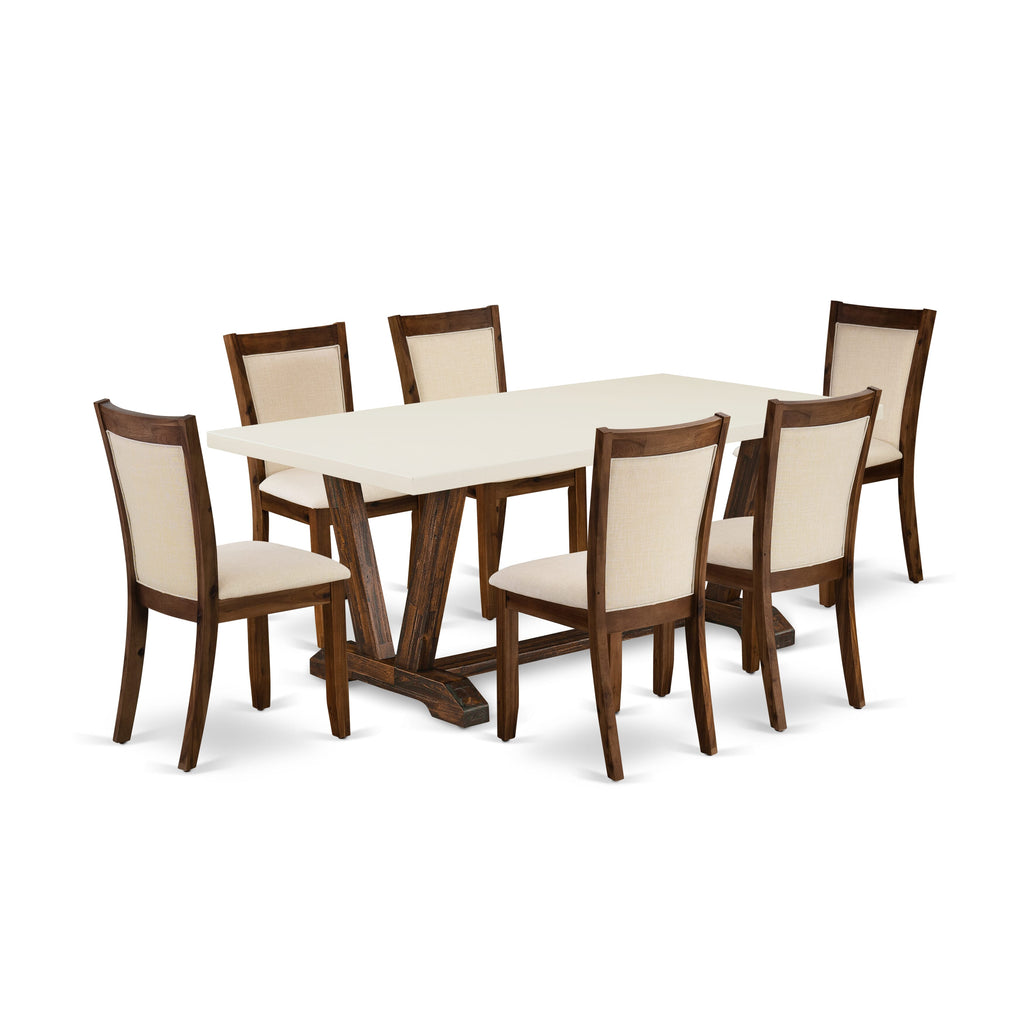 V727MJZ32-I Luxurious 7-Piece Set Rectangle Dining Table and 6 Beige Linen Chairs, V-Leg Design, 40x72