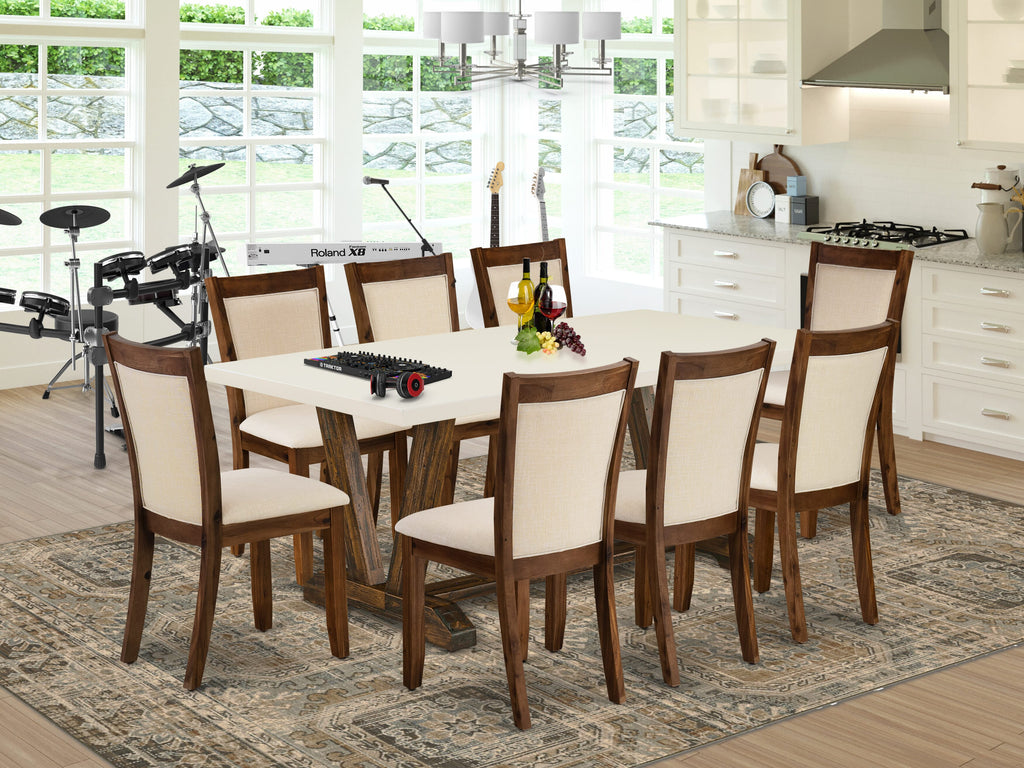 V727M29H1-G 9-Piece Dining Set with Rectangular V-Leg Table and 8 Upholstered Chairs, Light Beige & Multi-Hued Style