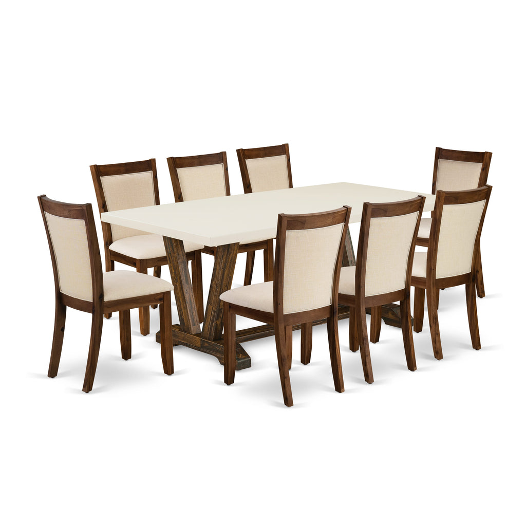 V727M29H1-G 9-Piece Dining Set with Rectangular V-Leg Table and 8 Upholstered Chairs, Light Beige & Multi-Hued Style