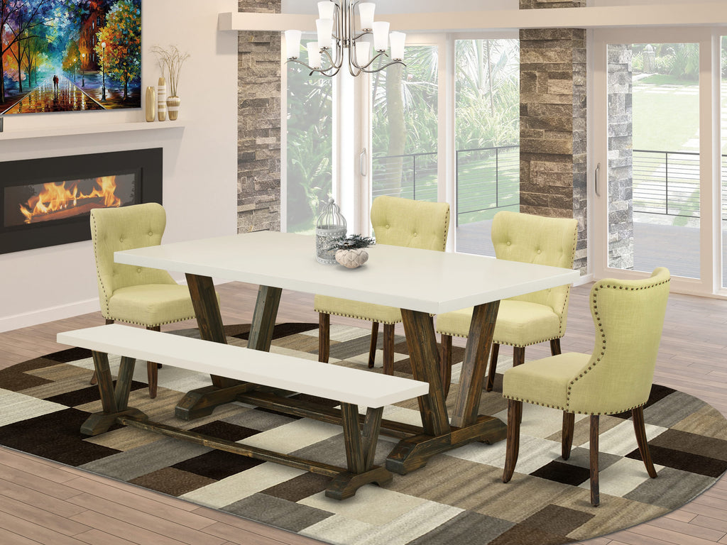 V727SJNY3-Q Stylish 6-Piece Dining Set with V-Leg Table, Bench & Limelight Chairs, Multicolor 40x72 in.