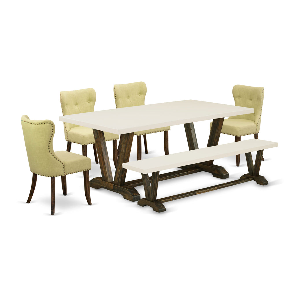 V727SJNY3-Q Stylish 6-Piece Dining Set with V-Leg Table, Bench & Limelight Chairs, Multicolor 40x72 in.