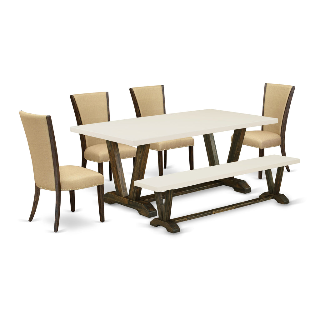V727VY2JL-F 6-Piece Dining Ensemble with V-Leg Table, Seats and Bench in Multi-Color Linen Upholstery