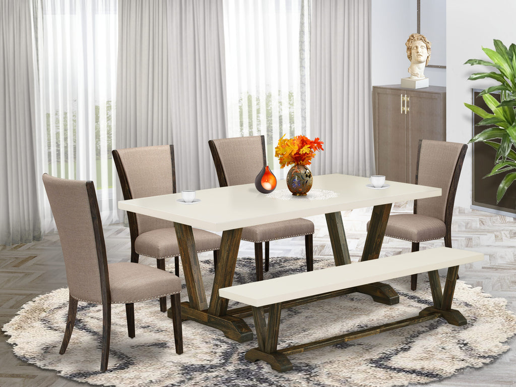 V727VY2JL-F 6-Piece Dining Ensemble with V-Leg Table, Seats and Bench in Multi-Color Linen Upholstery