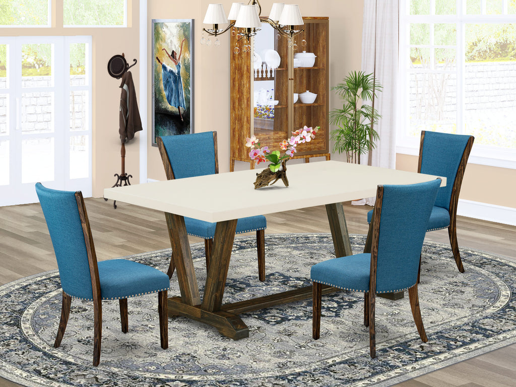 V727V1HYR-O 5 Piece Contemporary Dining Set with Rectangular Wood Table V-Legs & 4 Blue Linen Chairs, 40x72 Inch, Multi-Color