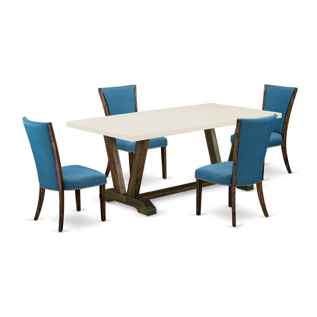 V727V1HYR-O 5 Piece Contemporary Dining Set with Rectangular Wood Table V-Legs & 4 Blue Linen Chairs, 40x72 Inch, Multi-Color