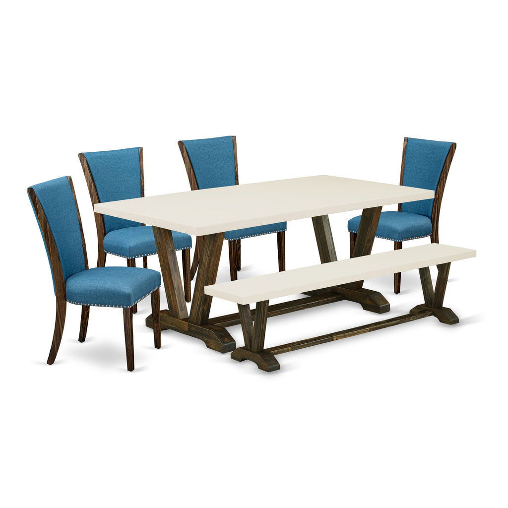 Unique Dining Set V727VCKT1-Z 6-Piece Ensemble Featuring V-Leg Table and Elegant Seating with Bench in Multi-Hued Design