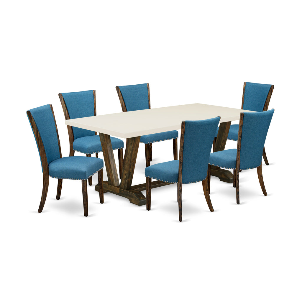 V727VVFHZ-L Dining Ensemble 7-Piece Set with Rectangular Table and 6 Blue Linen Chairs