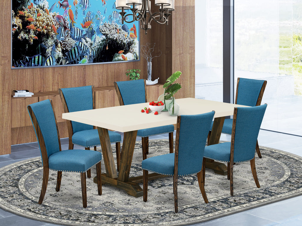 V727VVFHZ-L Dining Ensemble 7-Piece Set with Rectangular Table and 6 Blue Linen Chairs