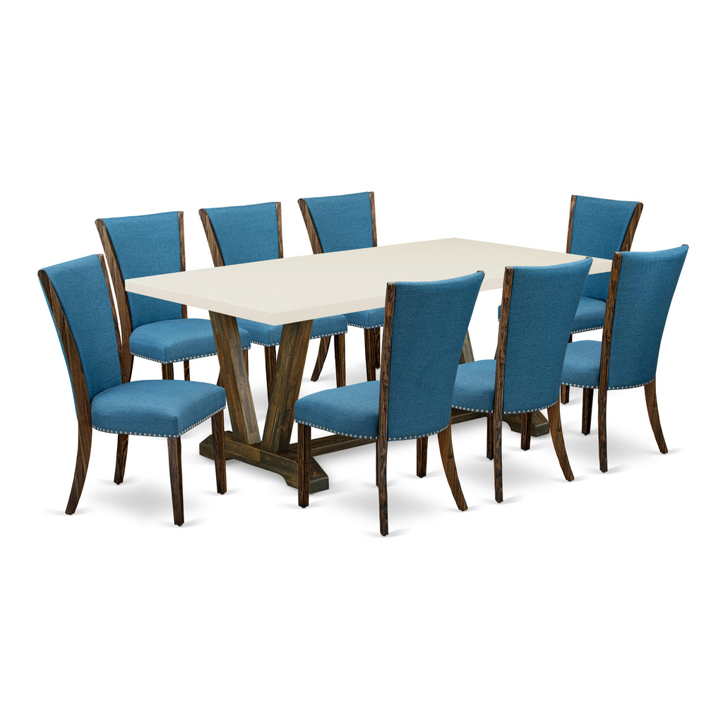 V727VFNP0-8 Indoor Dining Set with 9 Pieces Elegant Table with V-Legs and 8 Stylish Blue Parson Seats