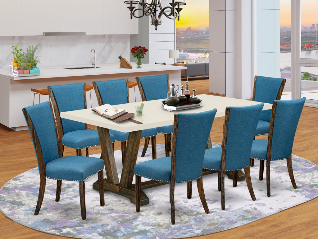 V727VFNP0-8 Indoor Dining Set with 9 Pieces Elegant Table with V-Legs and 8 Stylish Blue Parson Seats