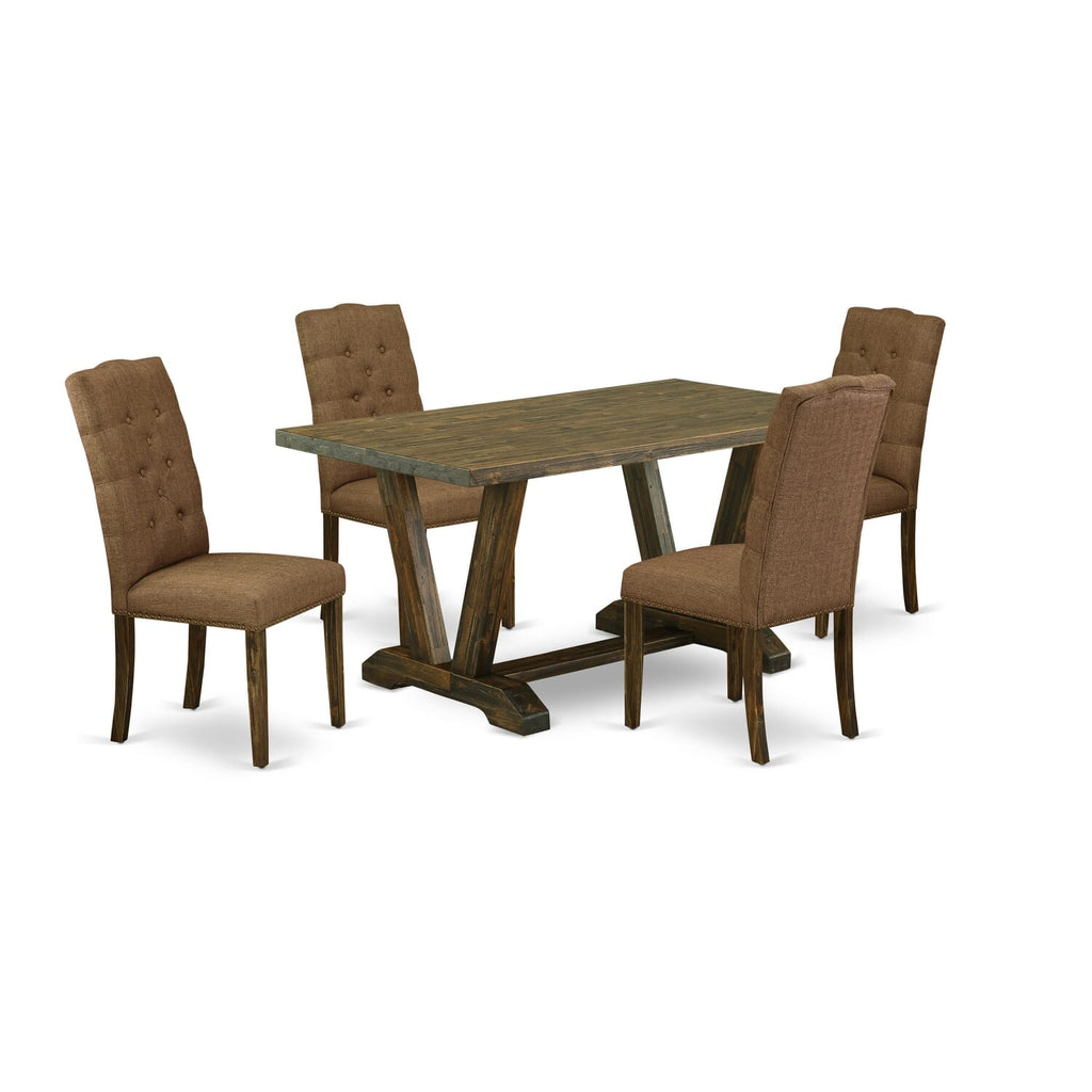 V776ECM3K-P Modern 5-Piece Dining Ensemble Featuring V-Leg Rectangular Table & 4 Linen Chairs in Brown 36x60