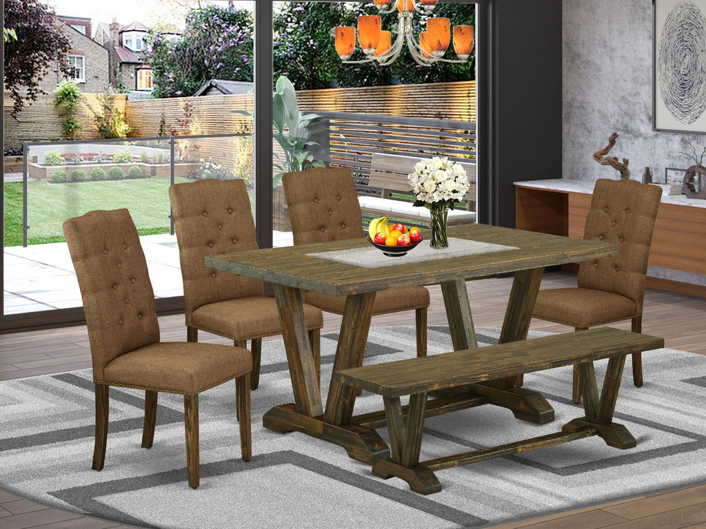 V776EN9KK-1 Dining Ensemble Rectangular Table with V-Leg Design, 4 Chairs & Bench with Soft Brown Linen, Multi-Color Glam