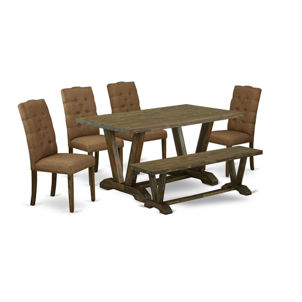 V776EN9KK-1 Dining Ensemble Rectangular Table with V-Leg Design, 4 Chairs & Bench with Soft Brown Linen, Multi-Color Glam