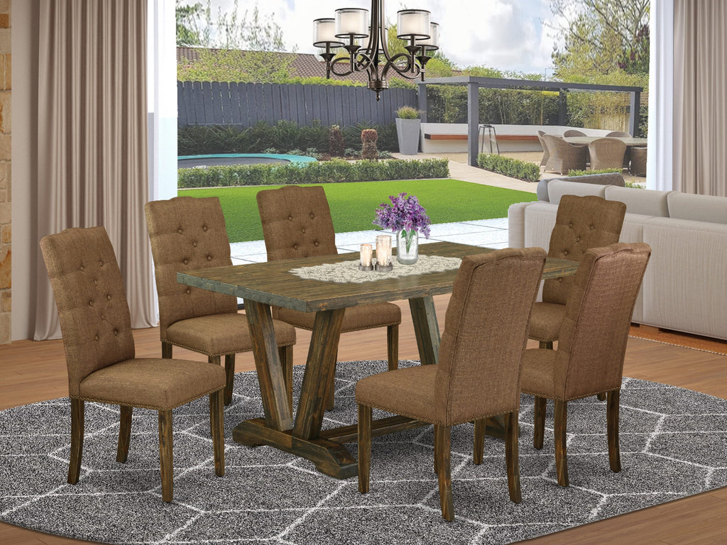 V776EJZAK-8 8pc Dining Ensemble Rectangular Table with V-Legs & 6 Upholstered Chairs, Brown Linen, Multicolor, 36x60