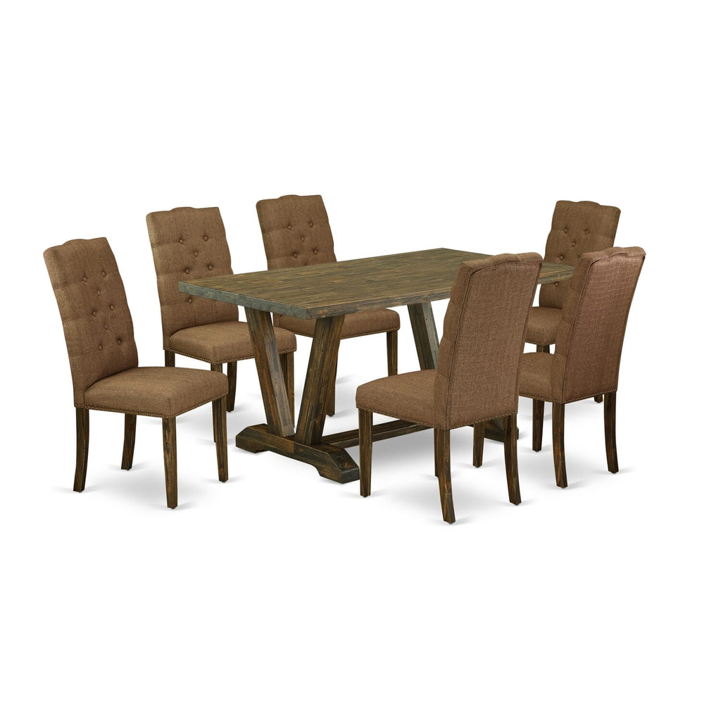 V776EJZAK-8 8pc Dining Ensemble Rectangular Table with V-Legs & 6 Upholstered Chairs, Brown Linen, Multicolor, 36x60